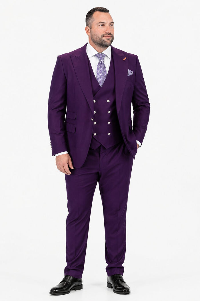 Men's Plum Statement Ticket Pocket Peak Lapel Wool Double Breasted Vest Suit with Silver Buttons – Modern Fit