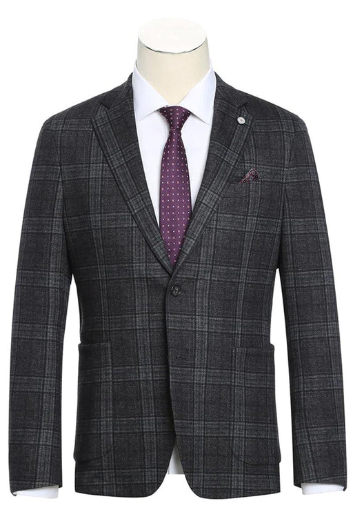 "Pelago Grey-Black Windowpane Plaid Blazer: Slim-Fit, Half-Canvas, Cotton Summer Style" - USA Men's Outlet