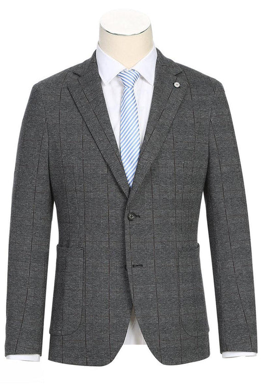 Pelago Men's Charcoal Grey Summer Blazer in Windowpane Plaid - Slim Fit, Half Canvas Patch Pocket - USA Men's Outlet