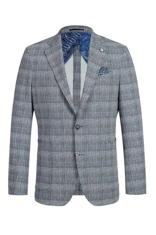 Pelago Men's Grey & Blue Windowpane Slim Fit Blazer — Summer Style - USA Men's Outlet