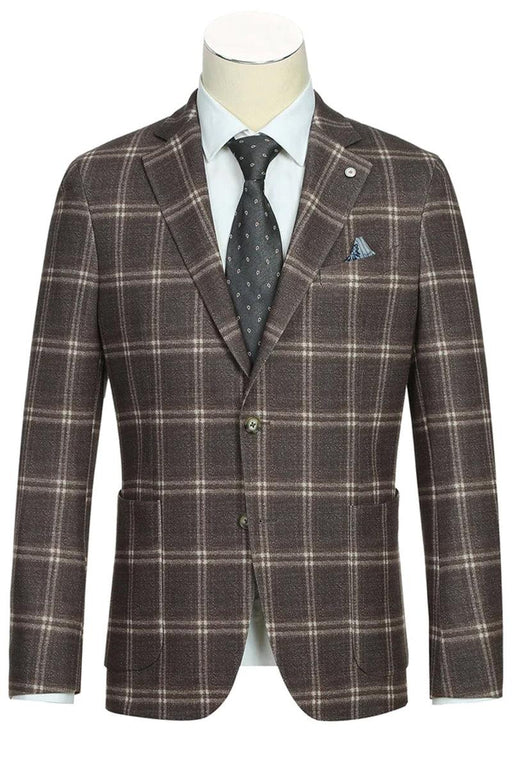 Pelago Men's Slim Cotton Blazer in Brown Windowpane Plaid - Half Canvas, Patch Pockets - USA Men's Outlet