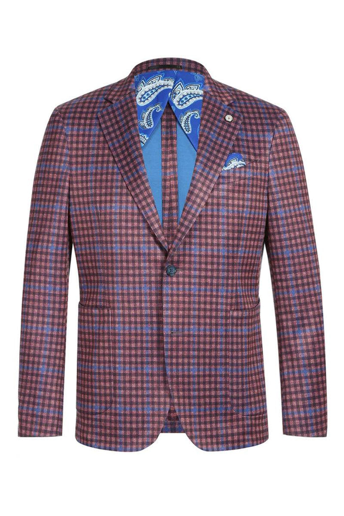 Pelago Men's Slim Fit Blazer - Burgundy & Blue Windowpane Plaid - USA Men's Outlet