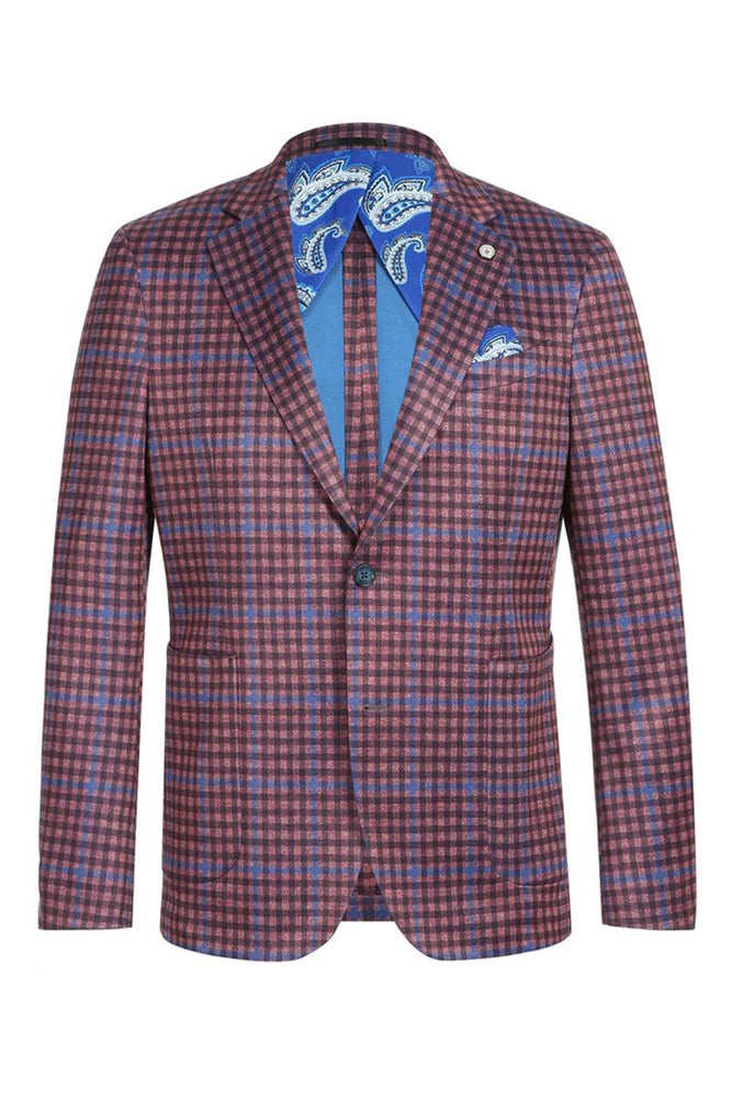 Pelago Men's Slim Fit Blazer - Burgundy & Blue Windowpane Plaid - USA Men's Outlet