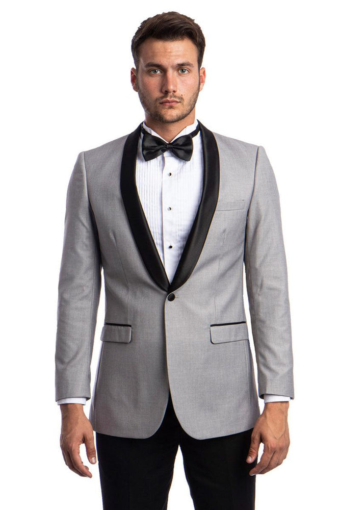 Perfected Product Title: Tazio Men's Grey & Black One-Button Shawl Lapel Dinner Jacket - USA Men's Outlet