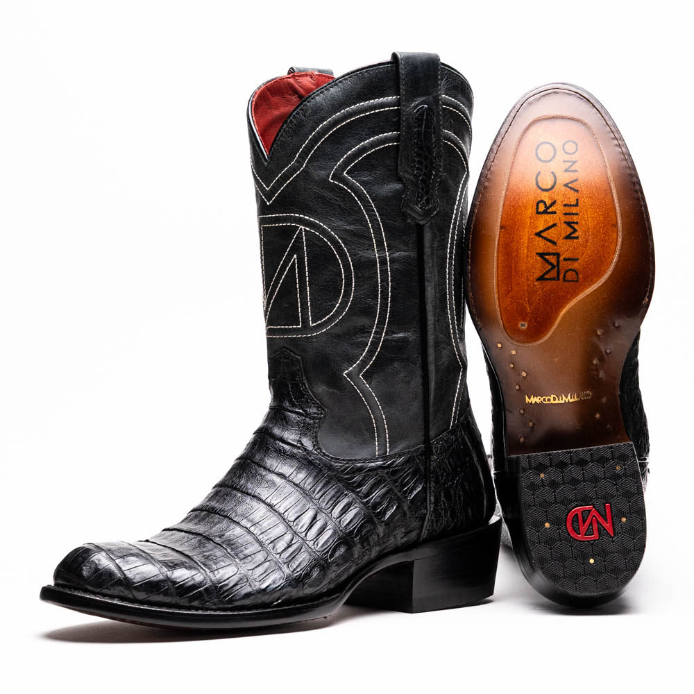 Marco Di Milano Phoenix Black Caiman Crocodile Round Toe Cowboy Boots