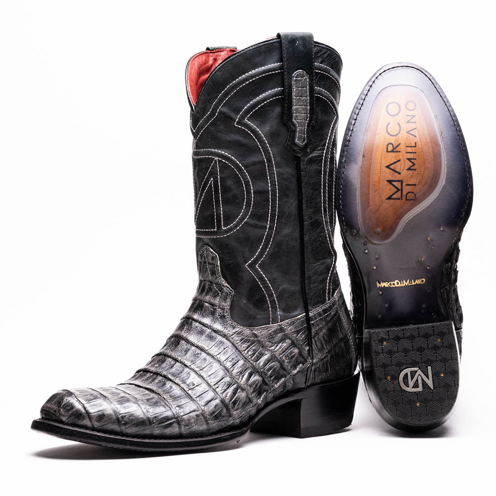 Marco Di Milano Phoenix Stone Gray Caiman Crocodile Round Toe Cowboy Boots