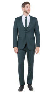 Stretch Fabric 4 Way Slim Fitted Mens Suit in Color Hunter Green Peak Lapel One Button Vested 3 Piece