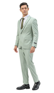 Stretch Fabric 4 Way Slim Fitted Mens Suit in Color Sage Peak Lapel One Button Vested 3 Piece