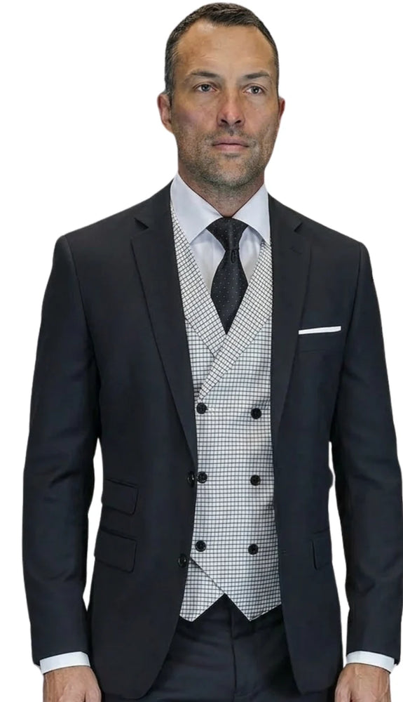 Mens Wool Suit With Houndstooth DB Vest in Color "Black" Modern Fit By Statement 1920's Great Gatsby Vintage