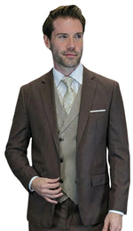 Mens Wool Suit With Houndstooth DB Vest in Color "Brown" Modern Fit By Statement 1920's Great Gatsby Vintage