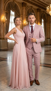 Mens Dusty Rose Three Piece Plaid Suit – Pink Check Wedding and Business Formal Suit Set Windowpane Pattern