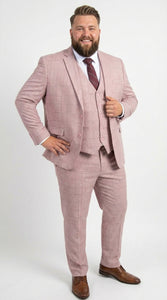 Mens Dusty Rose Three Piece Plaid Suit – Pink Check Wedding and Business Formal Suit Set Windowpane Pattern