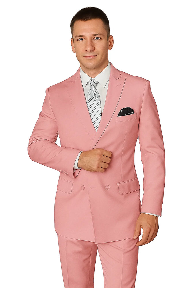 Elegant Men’s Double-Breasted Wool Suit in Soft Blush Pink