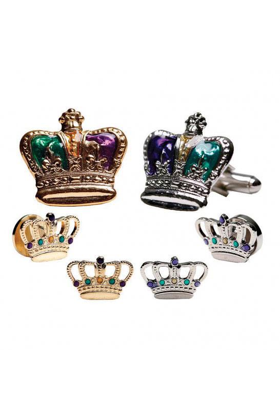 Mardi Gras Epoxy Crown Studs and Cufflinks Set