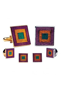 Mardi Gras Epoxy Square Studs and Cufflinks Set