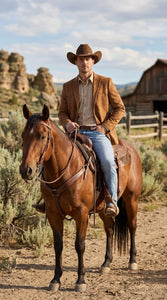 Platini Mens Faux Suede Western Blazer – Brown Cowboy Jacket with Western Detailing Coganc Rust