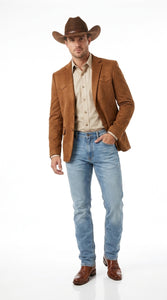 Platini Mens Faux Suede Western Blazer – Brown Cowboy Jacket with Western Detailing Coganc Rust