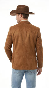 Platini Mens Faux Suede Western Blazer – Brown Cowboy Jacket with Western Detailing Coganc Rust