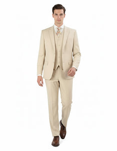 Pleated Suit - Mens Suits With Pleated Pant -  Regular Fit Suit - Vested Tan Suit