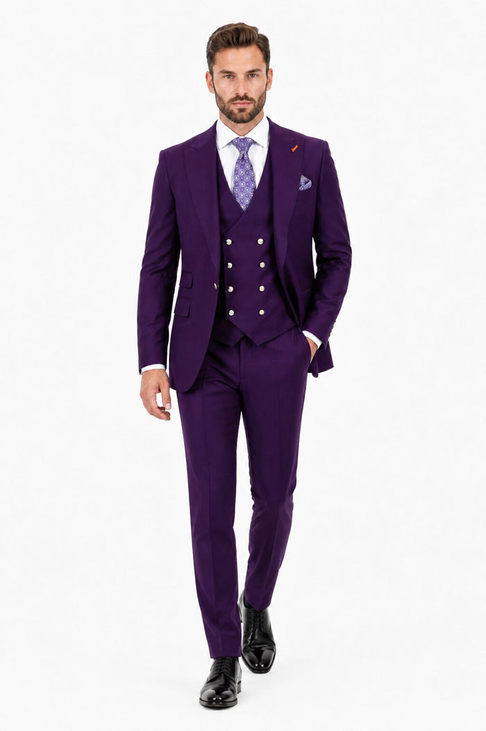 Men's Plum Statement Ticket Pocket Peak Lapel Wool Double Breasted Vest Suit with Silver Buttons – Modern Fit