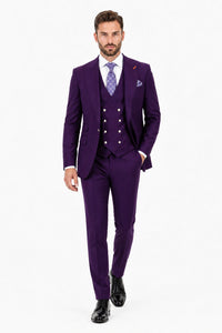 Men's Plum Statement Ticket Pocket Peak Lapel Wool Double Breasted Vest Suit with Silver Buttons – Modern Fit