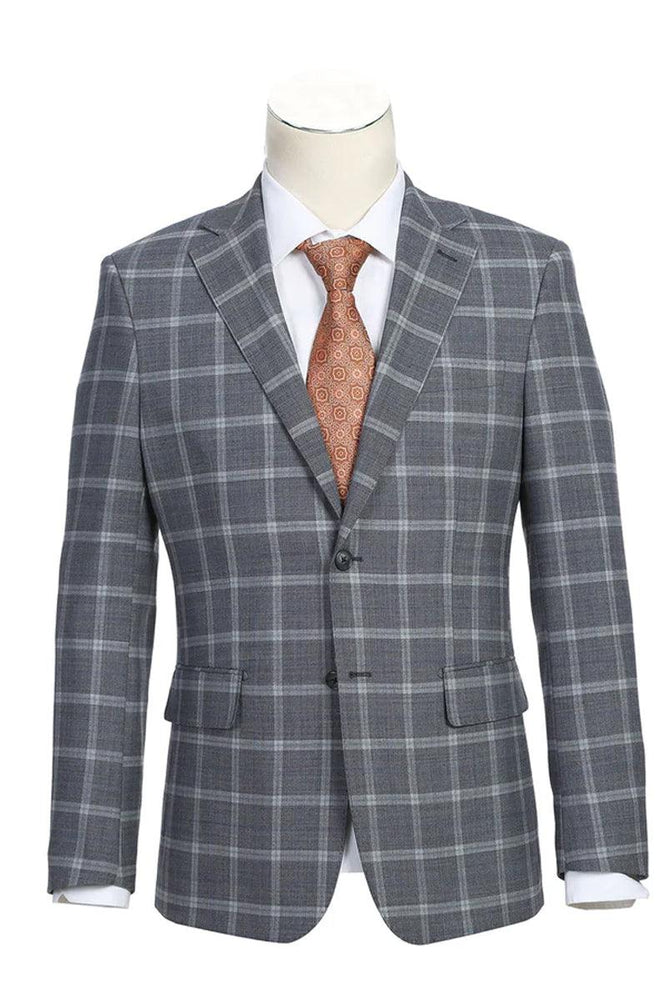 Polished Product Title: English Laundry Men's Slim-Fit 2-Btn Wool Suit in Bold Grey Windowpane Plaid - USA Men's Outlet