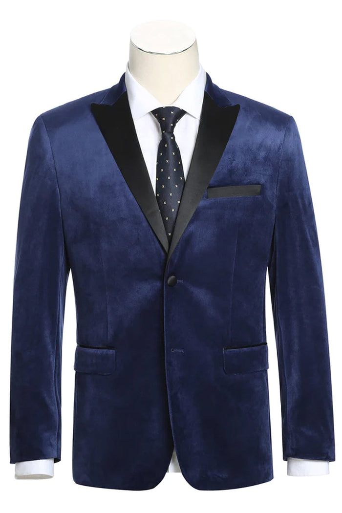 Mens Two Button Peak Lapel Velvet Prom Tuxedo Blazer in Navy Blue