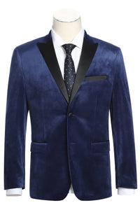 Mens Two Button Peak Lapel Velvet Prom Tuxedo Blazer in Navy Blue