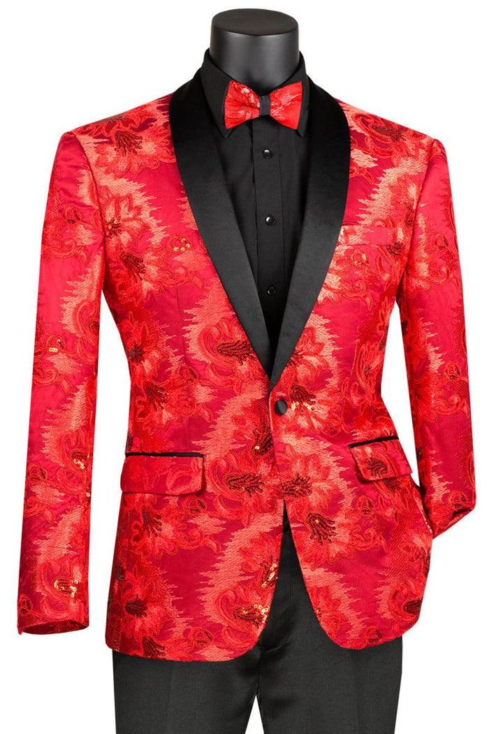 Premium Vinci Men's Red Sequin Floral Prom Tux Jacket | Slim Fit - Elegant Mensattire