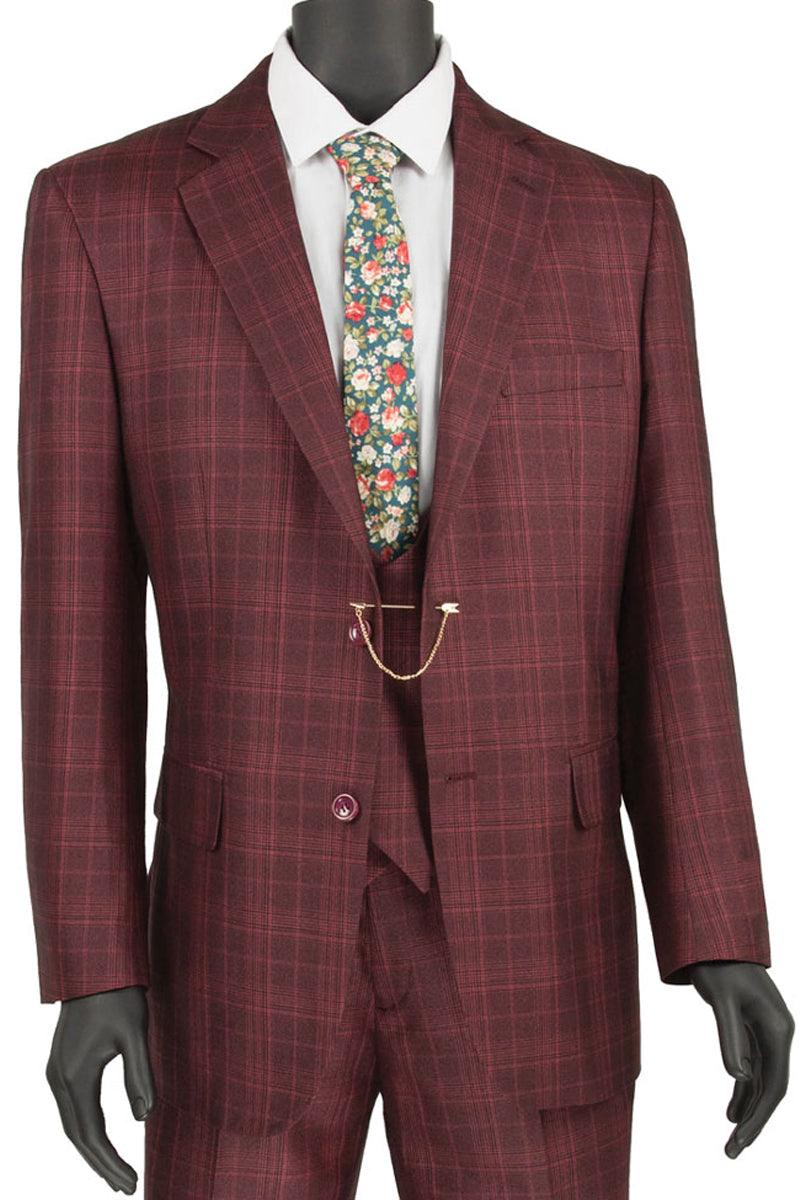 Men's Designer Two Button Vested Wool & Cashmere Suit in Black & Burgundy Windowpane Plaid main image 1