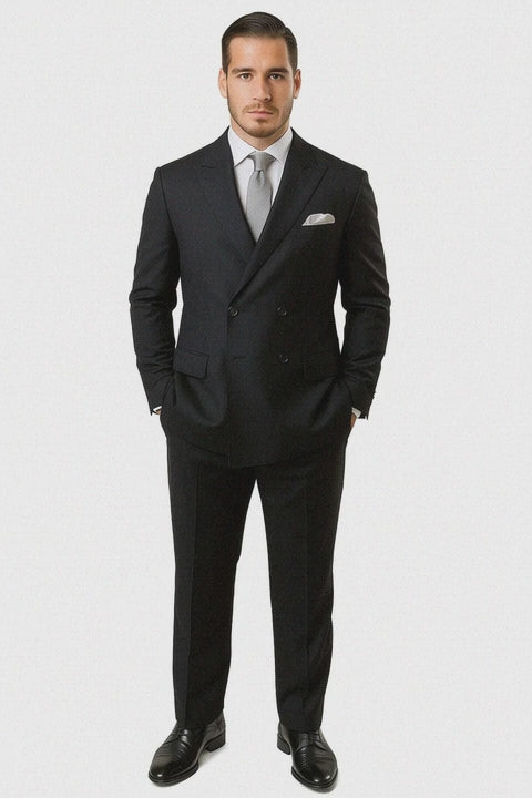 Men’s Slim Fit Double-Breasted Wool Suit – Black