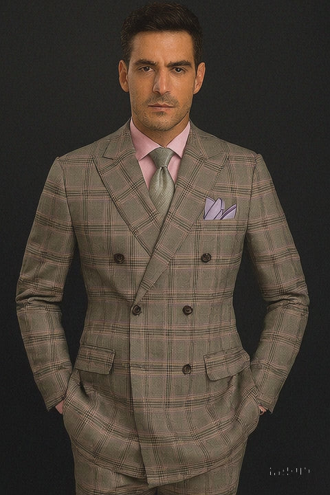 light-taupe-modern-fit-double-breasted-plaid-peak-lapel-2-piece-suit