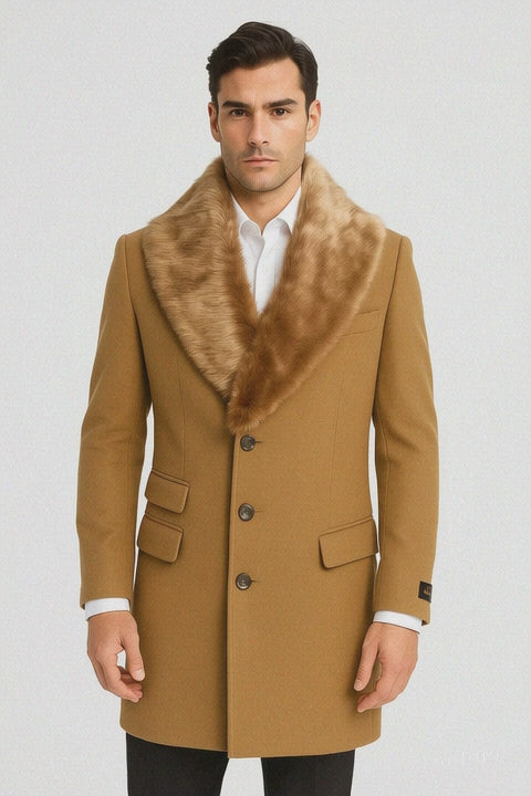 Men's Camel Three Button Full Length Overcoat Men's Carcoat