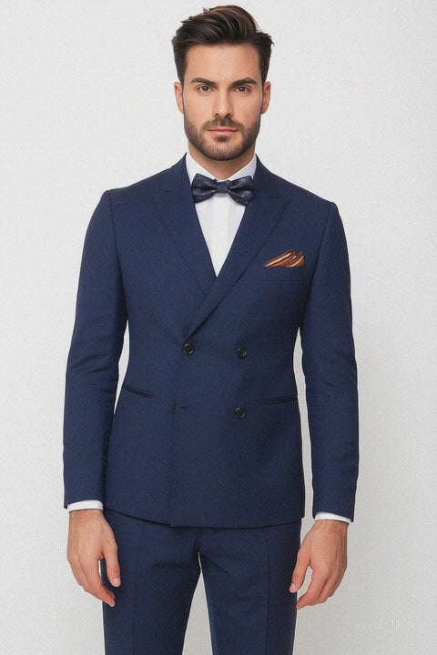 Men's Slim Fit Double-Breasted Suit – Navy Blue 