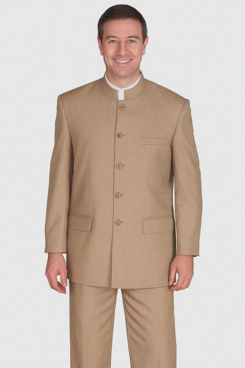 Mens 5 Button Mandarin Collar Suit in Tan Pinstripe