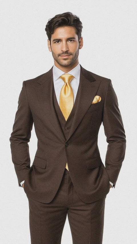 Brown One Button 3 Piece Suit  by Rossima