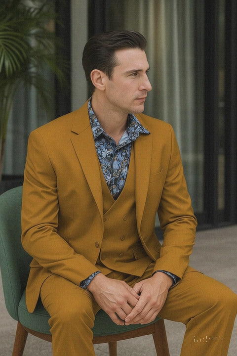 Men's Fashion Suit in Gold – Peak Lapel, Vested, Two Button Jacket