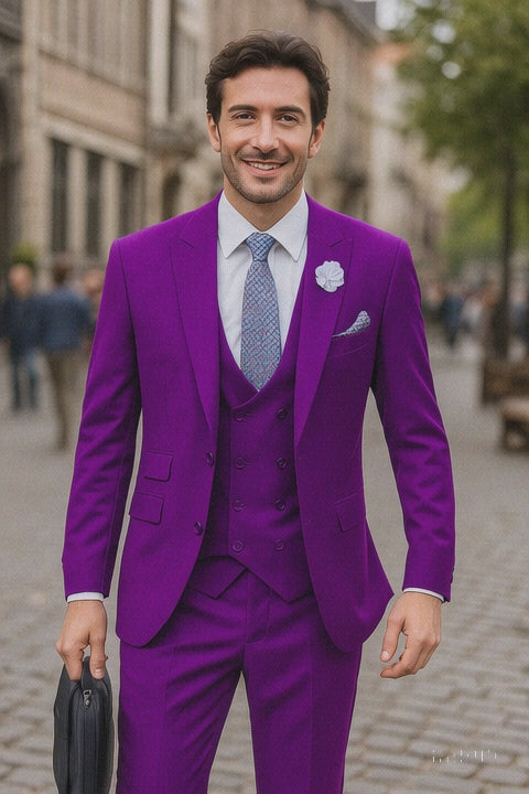  Modern Purple Suit for Men – 3-Piece with Peak Lapel & Double-Breasted Vest