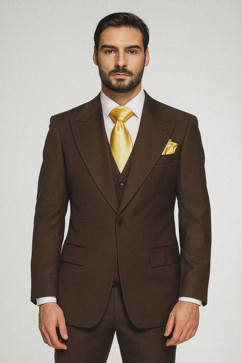 Brown One Button 3 Piece Suit  by Rossima