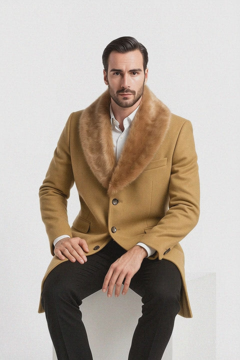 Men's Camel Three Button Full Length Overcoat Men's Carcoat