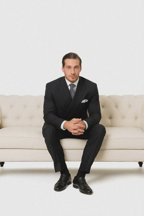 Men’s Slim Fit Double-Breasted Wool Suit – Black