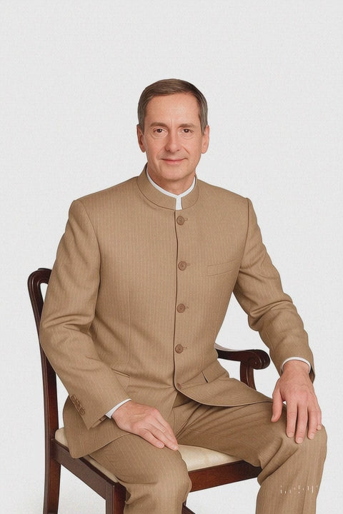 Mens 5 Button Mandarin Collar Suit in Tan Pinstripe