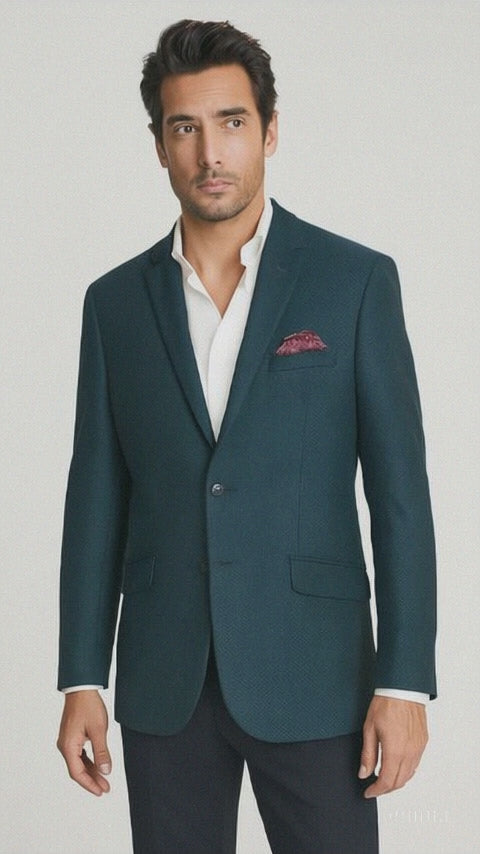 Renoir Men's Two-Button Slim-Fit Wool Birdseye Teal Blazer