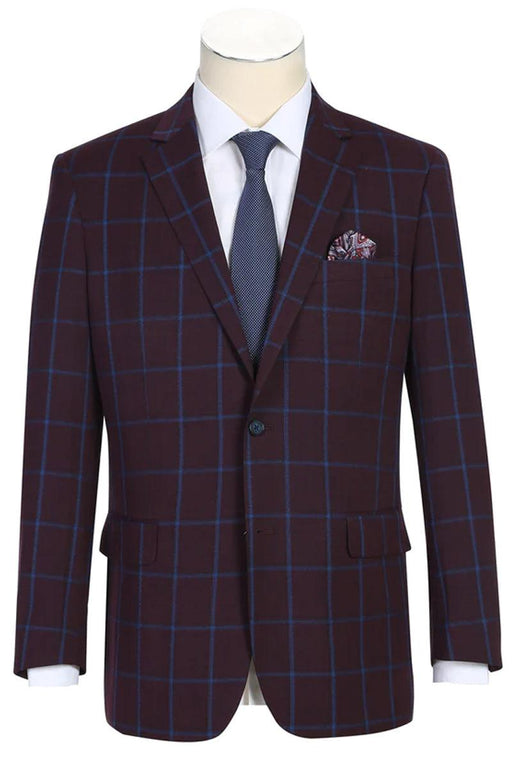 Pristine Slim Fit Blazer: Burgundy & Blue Windowpane Plaid // Renoir - USA Men's Outlet