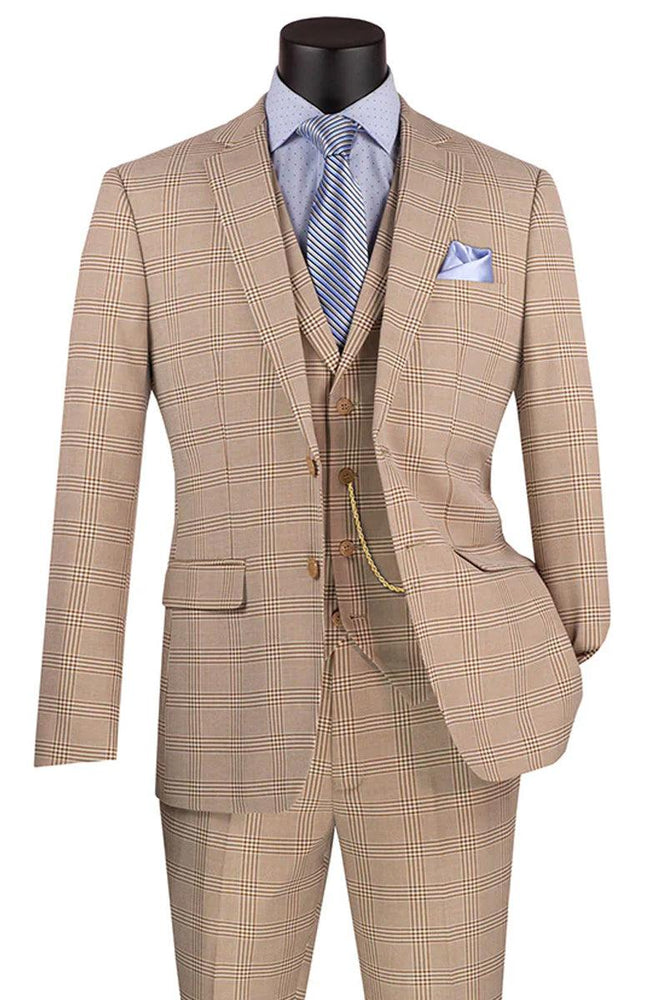 Product Title: Vinci Men's Slim Fit Beige Vested Glen Plaid Summer Business Suit - USA Men's Outlet