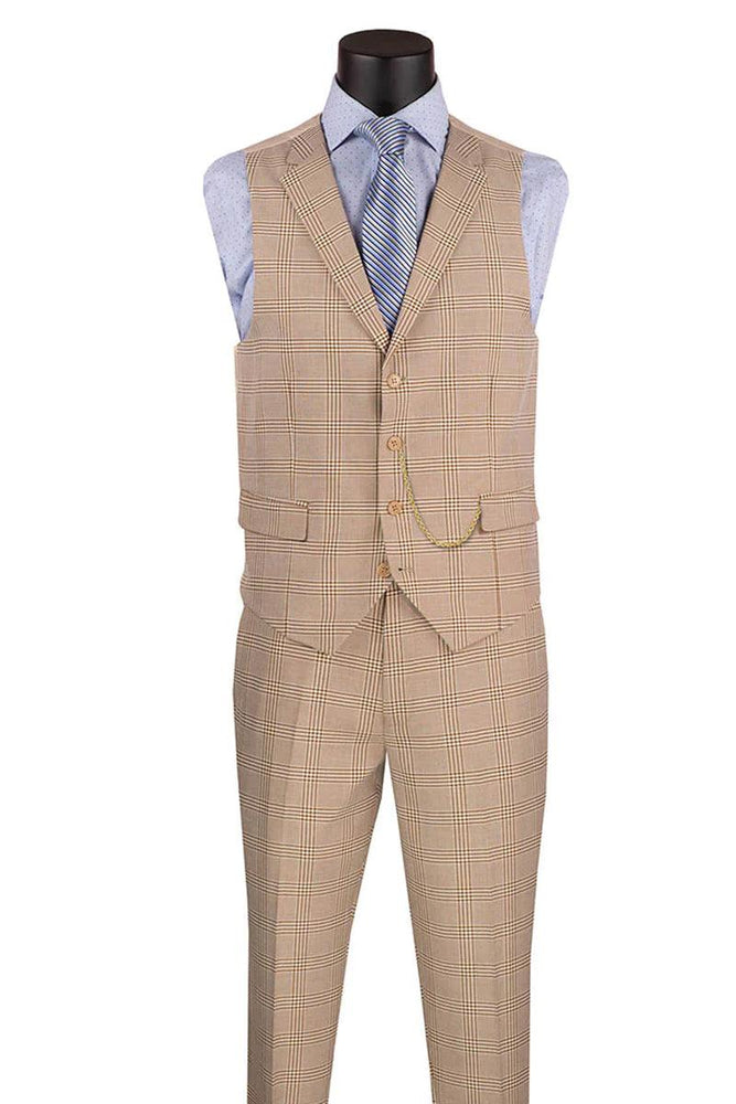 Product Title: Vinci Men's Slim Fit Beige Vested Glen Plaid Summer Business Suit - USA Men's Outlet