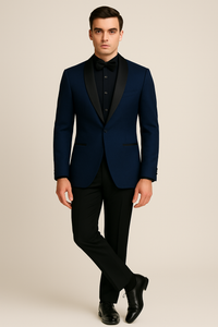 Mens Slim Fit Paisley Shawl Lapel Prom Dinner Jacket Tuxedo Blazer in Navy Blue