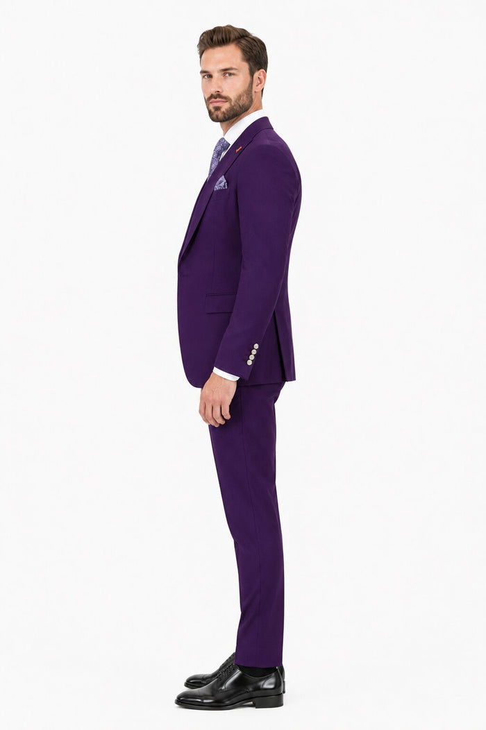 Men's Plum Statement Ticket Pocket Peak Lapel Wool Double Breasted Vest Suit with Silver Buttons – Modern Fit