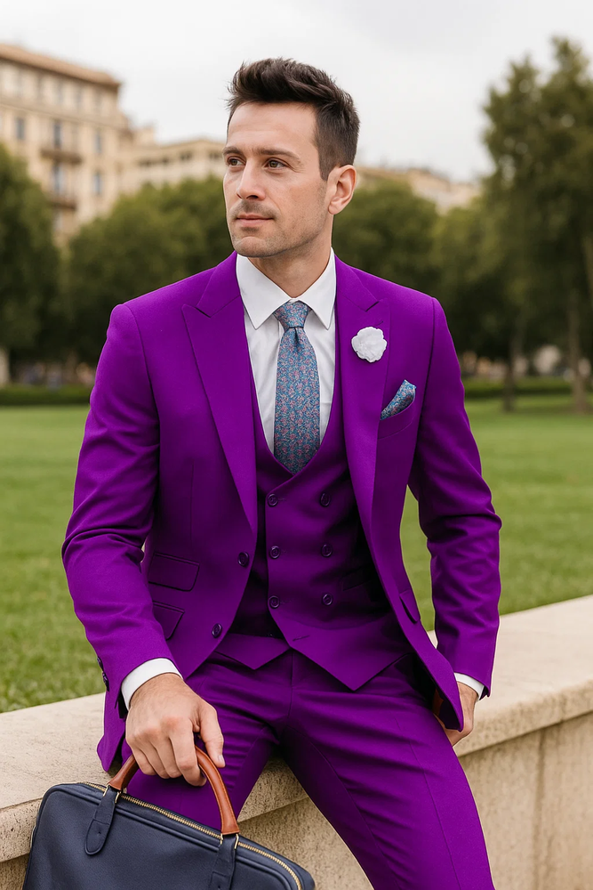  Modern Purple Suit for Men – 3-Piece with Peak Lapel & Double-Breasted Vest