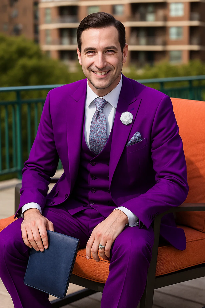  Modern Purple Suit for Men – 3-Piece with Peak Lapel & Double-Breasted Vest